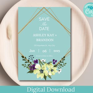 Editable Wedding Save The Date Card, Wedding Invitation Download, Save The Date Instant Download, Teal flower elegant wedding invitation