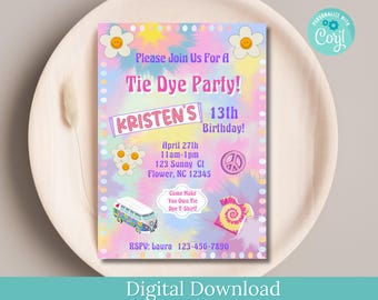 May include: A tie-dye themed birthday party invitation for Kristen's 13th birthday. The invitation features a colorful tie-dye background with peace signs, flowers, and a vintage van. It includes the date, time, and location of the party, as well as an RSVP contact.