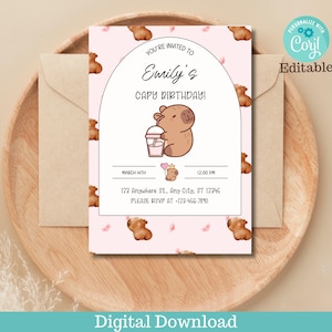 May include: Pink and white birthday invitation with a cartoon capybara holding a milkshake. The invitation says "You're invited to Emily's Capy Birthday!" and includes the date, time, address, and RSVP information.