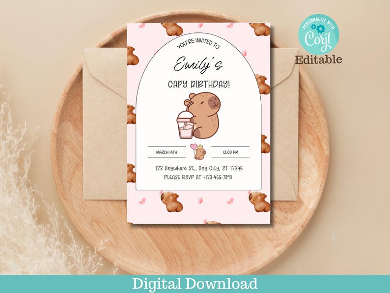 May include: Pink and white birthday invitation with a cartoon capybara holding a milkshake. The invitation says "You're invited to Emily's Capy Birthday!" and includes the date, time, address, and RSVP information.