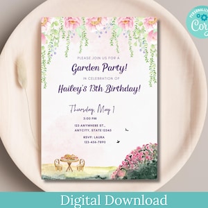Invitación de cumpleaños para fiesta en el jardín DESCARGAR, Invitación para fiesta en el jardín, Invitación para fiesta en el jardín con flores silvestres, Fiesta en el patio trasero, Fiesta floral en el jardín