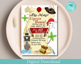 Invitación de cumpleaños pirata, tema de fiesta personalizable (descarga digital)