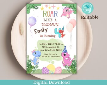 May include: A printable birthday invitation featuring a green, pink, and blue dinosaur theme. The invitation says "Roar Like a Dinosaur!" and "Emily is turning 4".