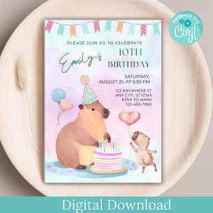 Editable Capybara Birthday Invitation DOWNLOAD, Capybara Party Invitation, Capybara Birthday Invitation, Kawaii Capybara Digital Template