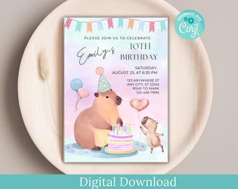 Editable Capybara Birthday Invitation, Kawaii Digital Template (Download)