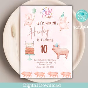 Pig Party Invitation, Pig Birthday Instant Download, Editable Farm Party Invite, Pink Pig Party Digital Download, Pink Pig One Birthday