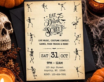 Skeleton Halloween Party Invitation, Editable Corjl Template, Costume Party Invite, 5x7 Digital Download
