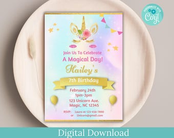 Unicorn Princess Birthday Invitation, Magical Party Invite (Digital Download)