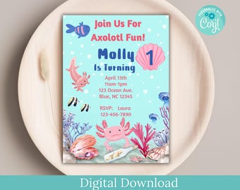Axolotl Birthday Invitation, Ocean Theme Party (Digital Download)