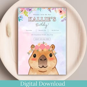 Editable Capybara Birthday Invitation DOWNLOAD, Floral Capybara Invitation, Capybara Birthday Invitation, Kawaii Capybara Digital Template