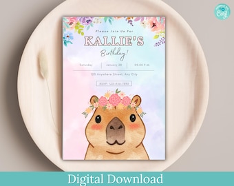 Floral Capybara Birthday Invitation, Kawaii Editable Template (Digital Download)
