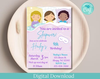 Sleepover Birthday Invitation, Girls Pajama Party (Digital Download)