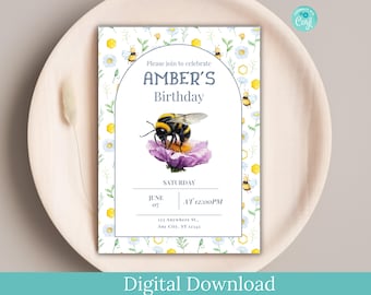 Bee Birthday Invitation, Watercolor Bumble Bee Party (Digital Download)