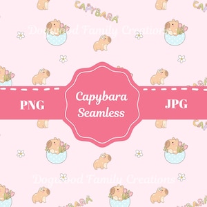 Könnte beinhalten: Ein nahtloses Muster mit Cartoon-Capybaras in Pastellfarben. Die Capybaras tragen Blumenkränze und sitzen in blauen Eiern. Der Hintergrund ist rosa mit weißen Blumen. Der Text "Capybara Seamless" ist auf einem rosa Banner geschrieben.