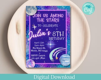 May include: Purple and blue digital invitation with glitter and stars. The text reads "Join us among the stars to celebrate Julia's 8th birthday". The invitation includes the date, time, address, and RSVP information.