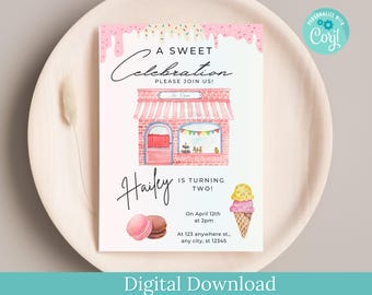 May include: A pink and white ice cream shop themed birthday party invitation with the text "A Sweet Celebration" and "Hailey is turning two!"  The invitation includes a cartoon illustration of an ice cream shop with a pink awning and a window with ice cream cones and macarons inside.