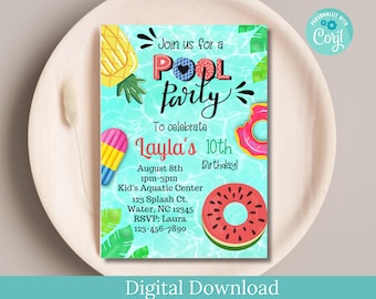 Pool Party Birthday Invitation, Summer Swim Party (Digital Download)