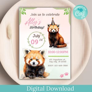 Editable Red Panda Birthday Invitation DOWNLOAD, Red Panda Party Invitation, Panda Birthday Invitation, Red Panda Digital Template Printable