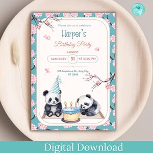 Invitation modifiable de fête de fleurs de cerisier de panda, invitation de décoration de partie de panda, invitation imprimable de carte d'anniversaire de panda, anniversaire de fleurs de cerisier