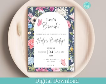 Inbjudan till blommig trädgårdsfest, redigerbar mall (digital nedladdning)