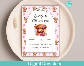 Editable Highland Cow Birthday Invitation, Pink Floral (Digital Download)