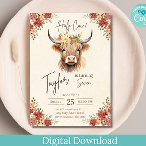Editable Highland Cow Birthday Invitation DOWNLOAD, Highland Cow Party Invitation, Cow Birthday Invitation, Highland Cow Digital Template