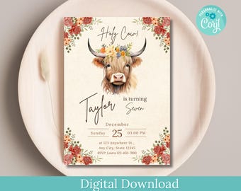 Editable Highland Cow Birthday Invitation, Floral, Digital Download