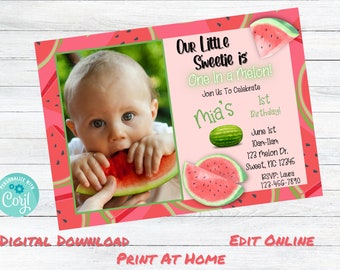 Watermelon Invitation DOWNLOAD, Watermelon Birthday Invitation, Watermelon Birthday Invite, Watermelon Invitation Digital, One in a Melon