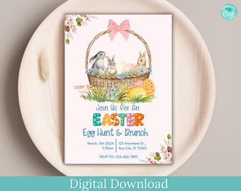 Invitación de búsqueda de huevos de Pascua, cesta de conejito, invitación editable para fiesta (descarga digital)