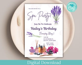 Spa Party Birthday Invitation, Lavender Design (Digital Download)