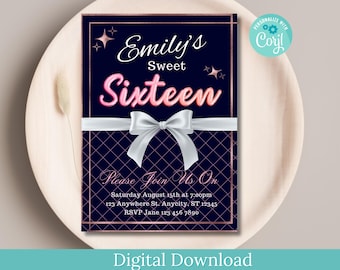 Editable Rose Gold Sweet Sixteen Invitation Template (Digital Download)