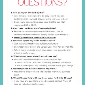 May include: A white and pink document with the title "QUESTIONS?" and a list of frequently asked questions about opening and editing files, uploading files, paper types, shipping times, and customer support for Prints of Love.