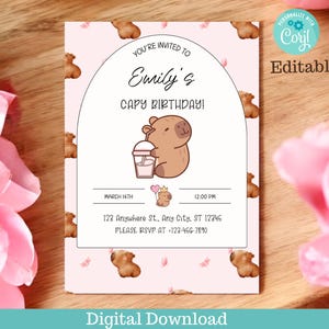 May include: Pink and white printable invitation with a cartoon capybara holding a milkshake. The invitation says "You're invited to Emily's Capy Birthday!" with the date, time, and address below.