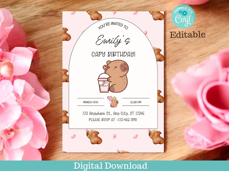 May include: Pink and white printable invitation with a cartoon capybara holding a milkshake. The invitation says "You're invited to Emily's Capy Birthday!" with the date, time, and address below.
