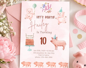 May include: A rectangular birthday invitation card with a light pink background featuring watercolor illustrations of pigs, a tiered cake, and confetti. The text reads: Let's Party! Hailey Is Turning 10, Jan 25th, 2025, 12:00 pm, 123 Anywhere St, Any City, rsvp to Laura, phone +123-456-7890.