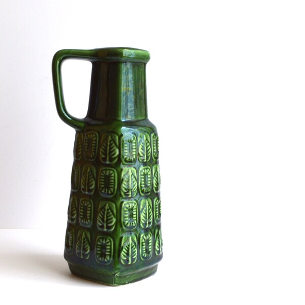 Green 'SEINE' # 250-25 rectangular ceramic vase with handle by Bodo Mans for Bay Keramik, West Germany. 1960's vintage MCM pottery.