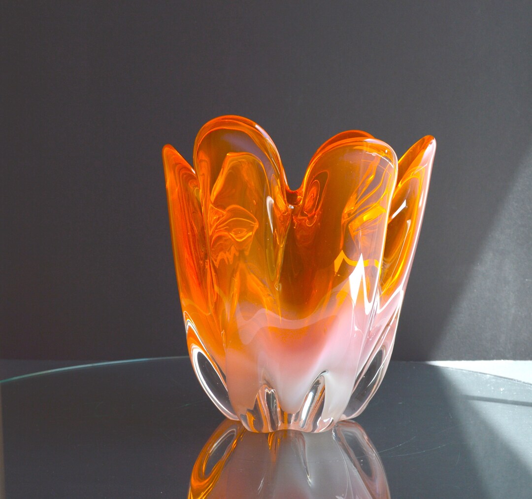 Orange / Opaline Cased Art Glass Centrepiece. Heavy 2 Kg, Orange, Clear and Opaline Glass Cased