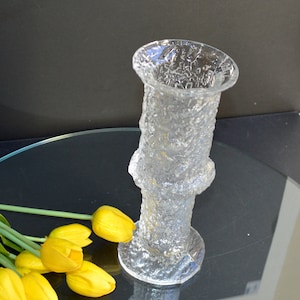 Signed Iittala 2744 NARDUS Crystal Vase. Vintage, Heavy 1970&#39;s Vase with Ice Sculpture Look. Scandinavian Brutalist Art Glass.
