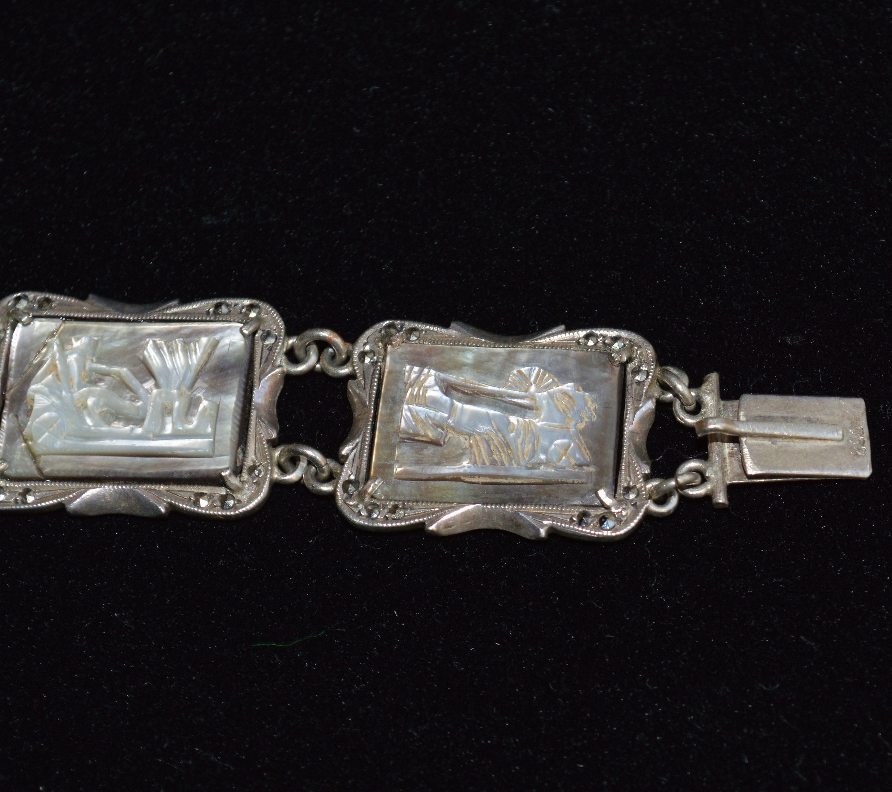 Antique Marcasite Silver and Carved Mother of Pearl Cameo
