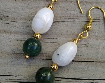 Dark Green Jade and Peruvian Opal Gold Earrings | Nephrite jade & October birthstone birthday gift | Natural gemstone wabi sabi jewelry