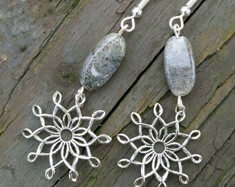 Sterling Silver Vintage Starbursts on Spotted Gray Quartz Earrings, Black natural gemstone jewelry birthday gift for sister daughter teacher