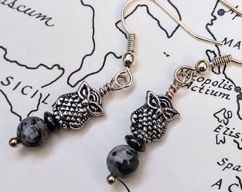 Gray Crazy Lace Agate Silver Owl Hematite Earrings | Gemstone jewelry gift for teacher or Ancient Rome Greek mythology buff graduation gift