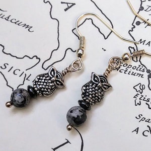 Puede incluir: Un par de pendientes de búho plateados con cuentas moteadas grises y negras. Los amuletos de búho tienen patrones de plumas detallados. Los pendientes cuelgan de ganchos para la oreja plateados. El fondo es un mapa.