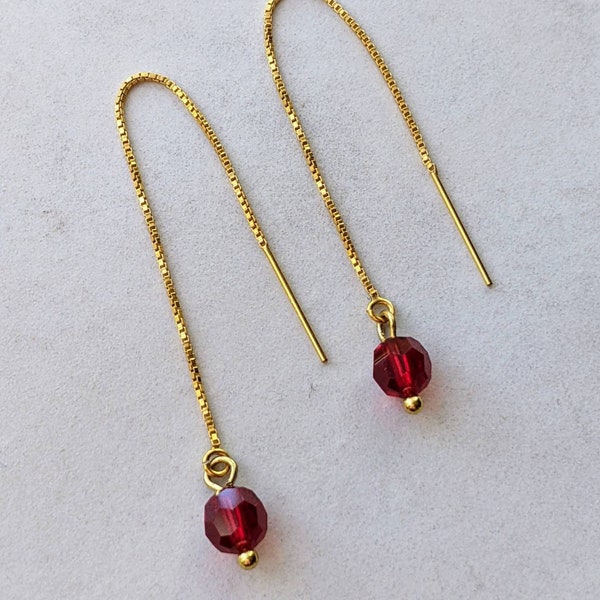 14K Gold Filled Gold Thread Earrings Red Crystal Earrings |15th anniversary gift, two hole earring, elegant chain pull through earrings