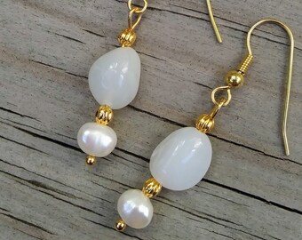 Peruvian White Opal Earrings w Pearl, 22K Gold Plated | June birthstone birthday gift | Simple white bridal earrings w October birthstone