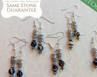 Small Banded Agate Silver Owl Earrings. Hypoallergenic real gemstone earrings for teacher gifts, Athena symbol bird earrings birthday gift