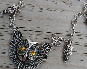 OOAK Upcycled Silver Owl Assemblage Necklace w Hematite Accents | Long chain necklace owl totem jewelry | Sustainable jewelry gifts under 75