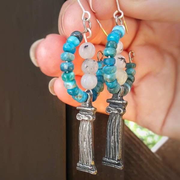 Aegean Blue Apatite & Tourmaline Quartz Hoop Earrings w Inviciti Pewter Columns. Natural stone Greek jewelry unique earrings girlfriend gift