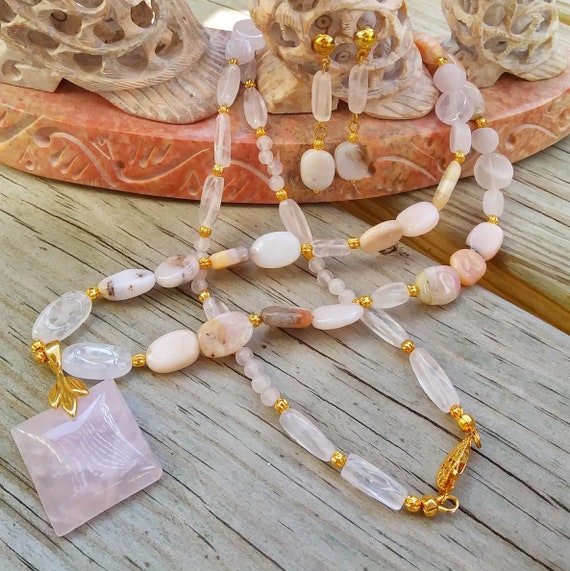 Pink Opal & Rose Quartz Necklace Dangle Earrings Set. Undyed natural stone long necklace earring set, square rose quartz pendant w gold bail