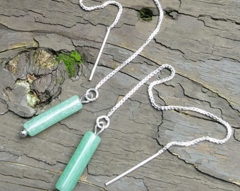 Green Aventurine Earrings 925 Sterling Silver Long Two Hole Threader Earrings | Minimalist gemstone earring natural stone pull through chain